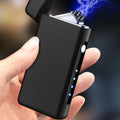 Electric arc lighter, black, held open with the dual arc lit and the charge indicator showing